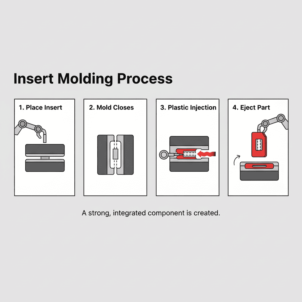 A diagram showing the step-by-step process of insert injection molding.