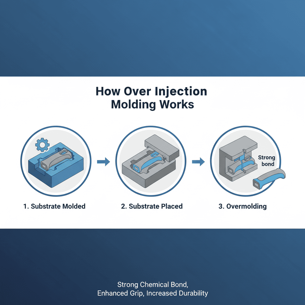 A diagram showing the two-step over injection molding process: first the substrate is molded, then it's placed in a second mold for the overmold material.