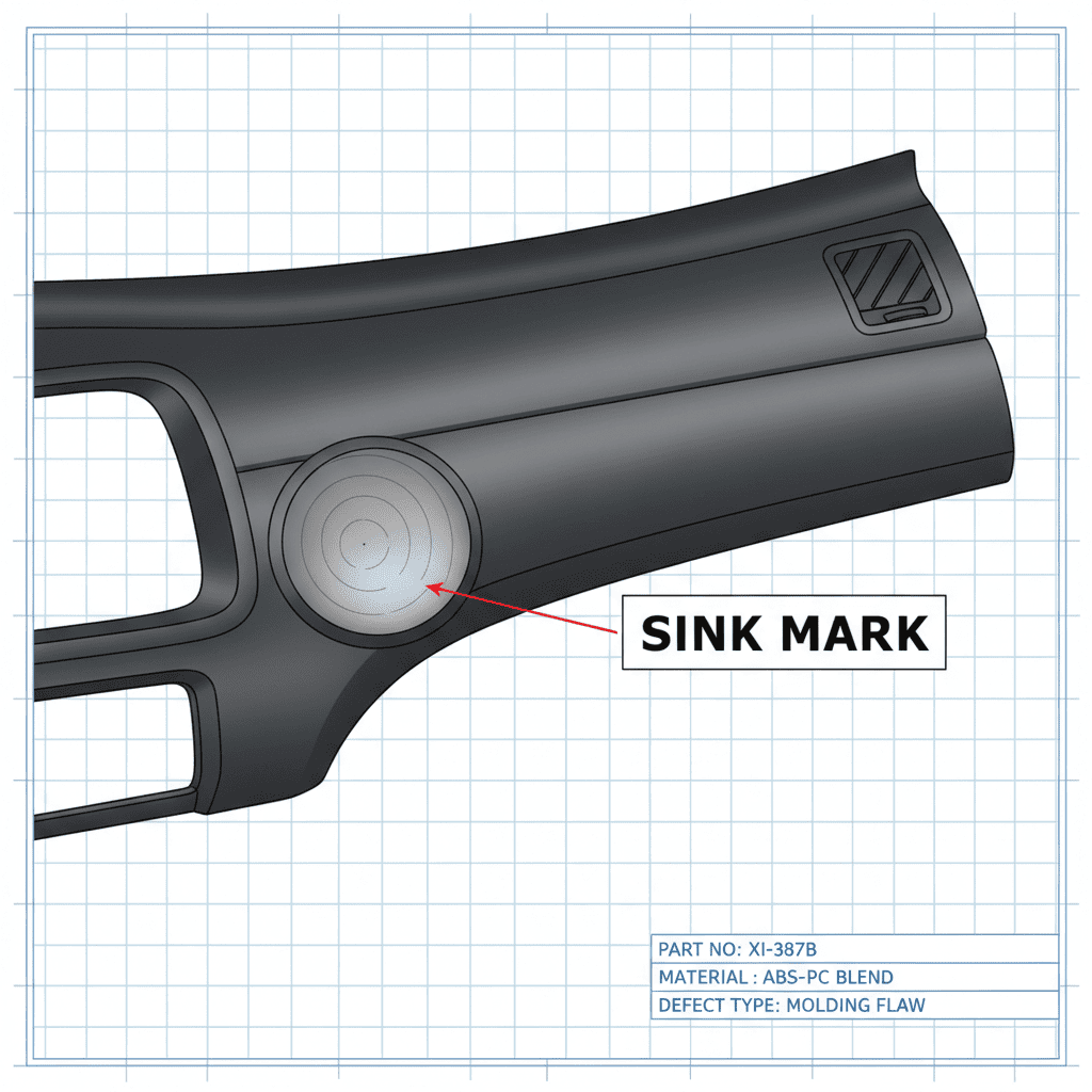 An image illustrating a sink mark on a plastic part, with a diagram showing uneven wall thickness.