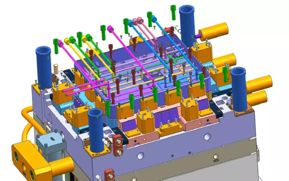 A cutaway view of an injection mold showing the intricate network of cooling channels.