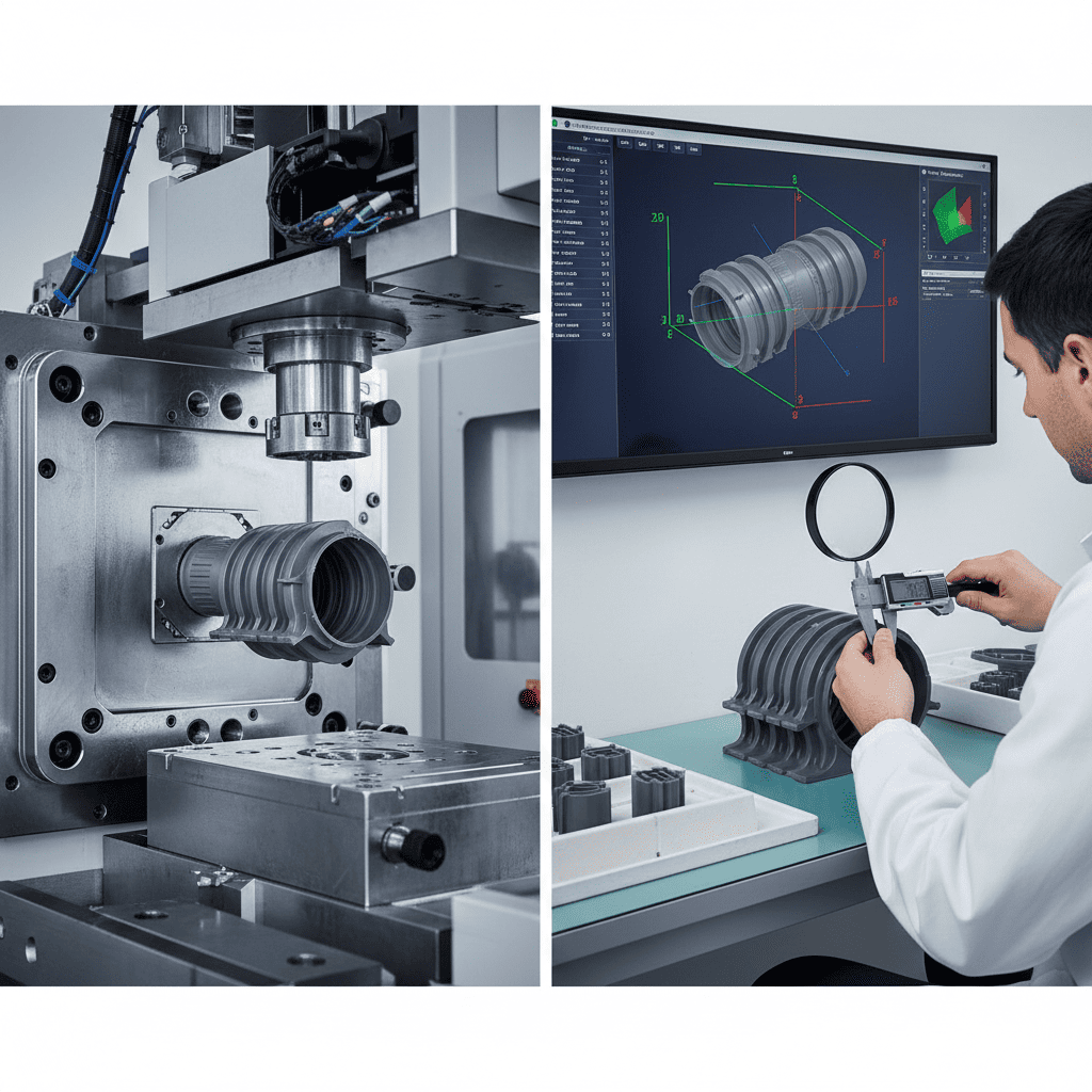 A quality control engineer inspecting a newly molded plastic part next to the injection molding machine.