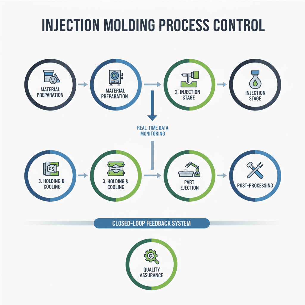 A control panel showing real-time data from an injection molding machine.