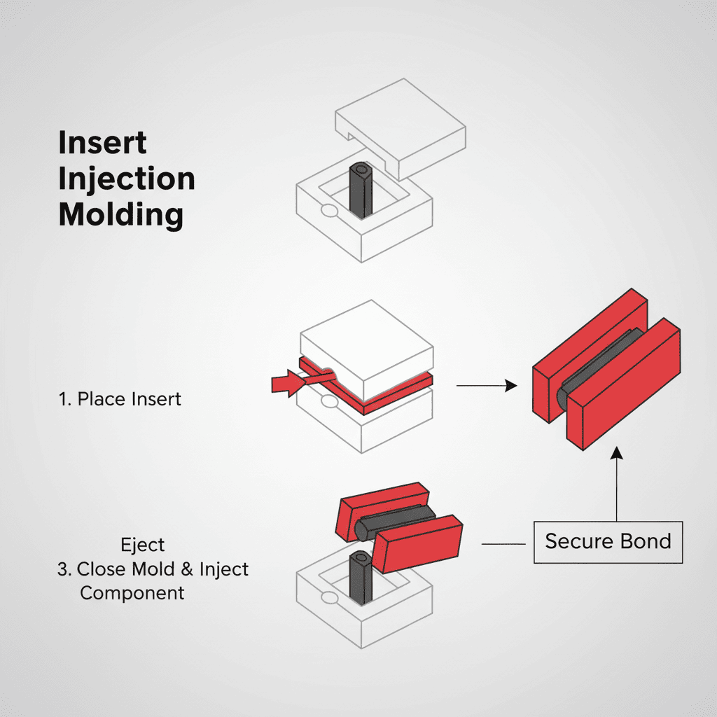 An example of an insert injection molded part with a metal screw insert.