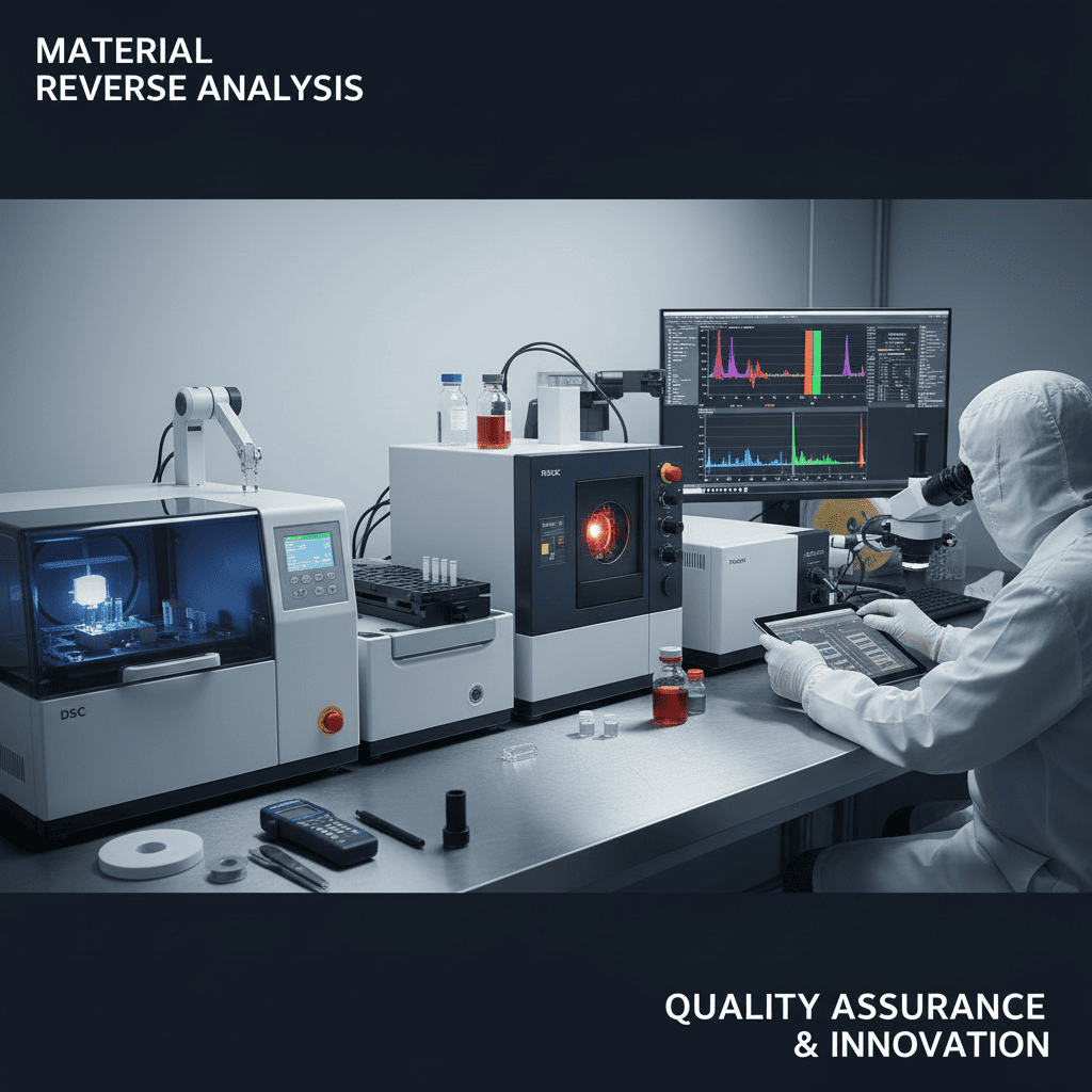 A lab technician analyzing a plastic sample with scientific equipment