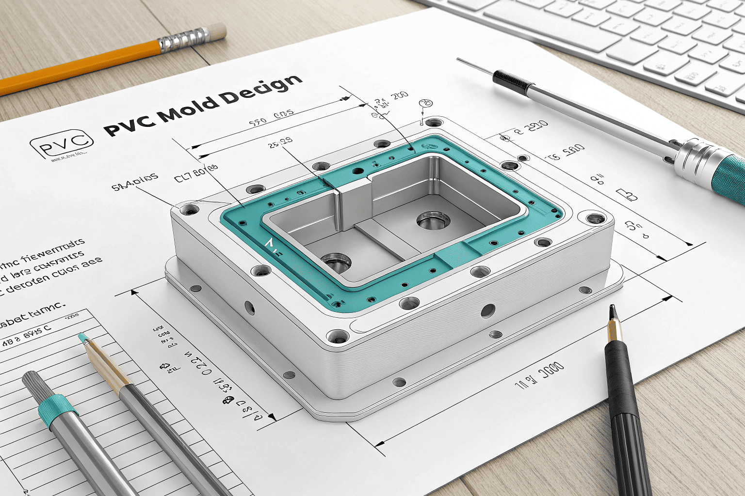 A CAD drawing of a mold for a PVC part, with callouts highlighting the fan gate and cooling channels.