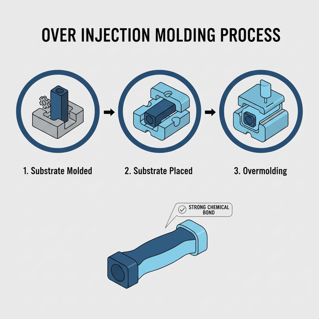 A close-up of a product made with over injection molding, showing the seamless bond between a hard plastic and a soft rubbery material.