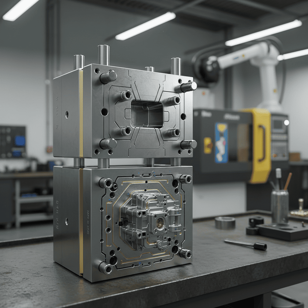 An engineer examining a complex injection mold for automotive parts.
