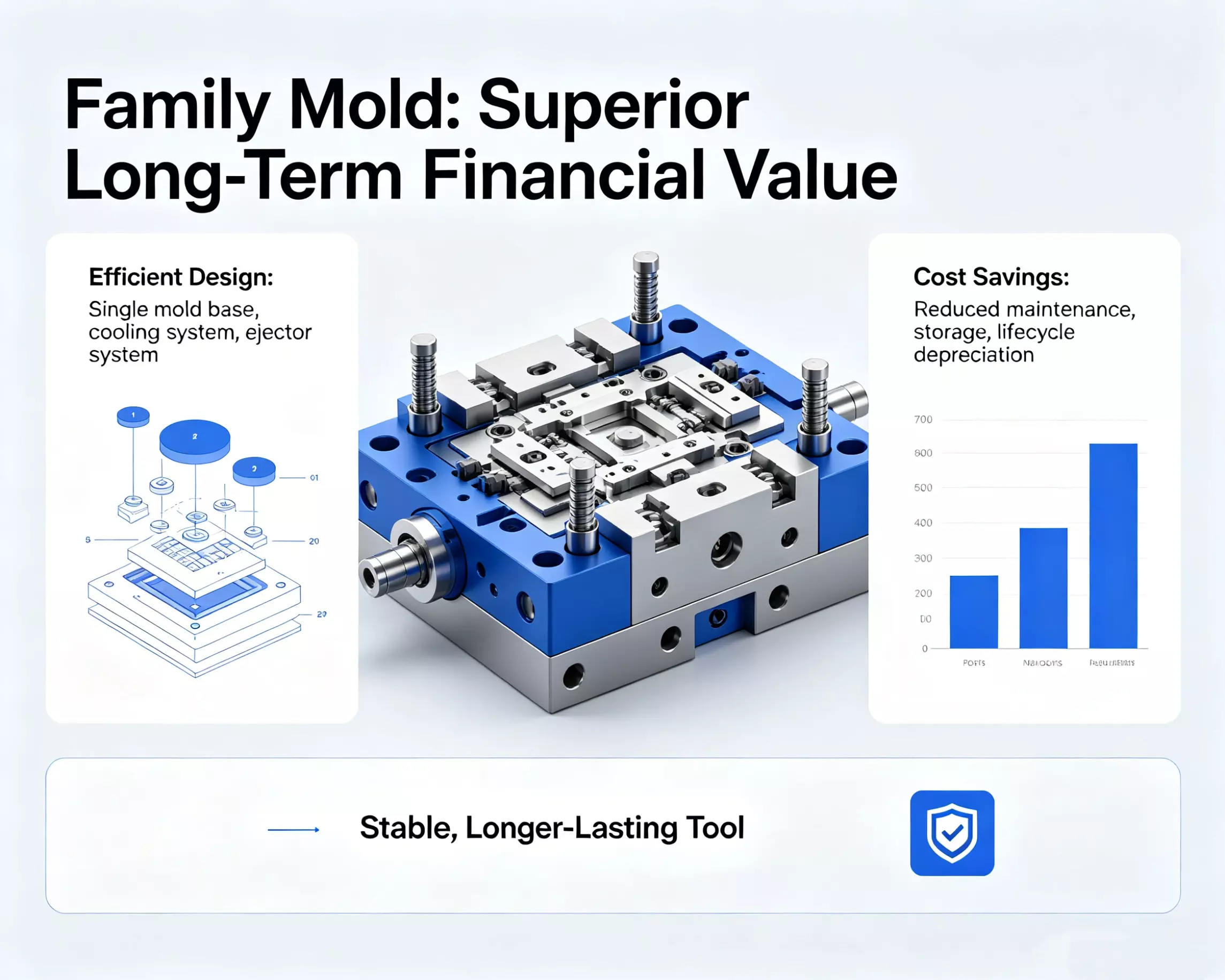 A well-organized mold storage rack with a large family mold next to several smaller single molds