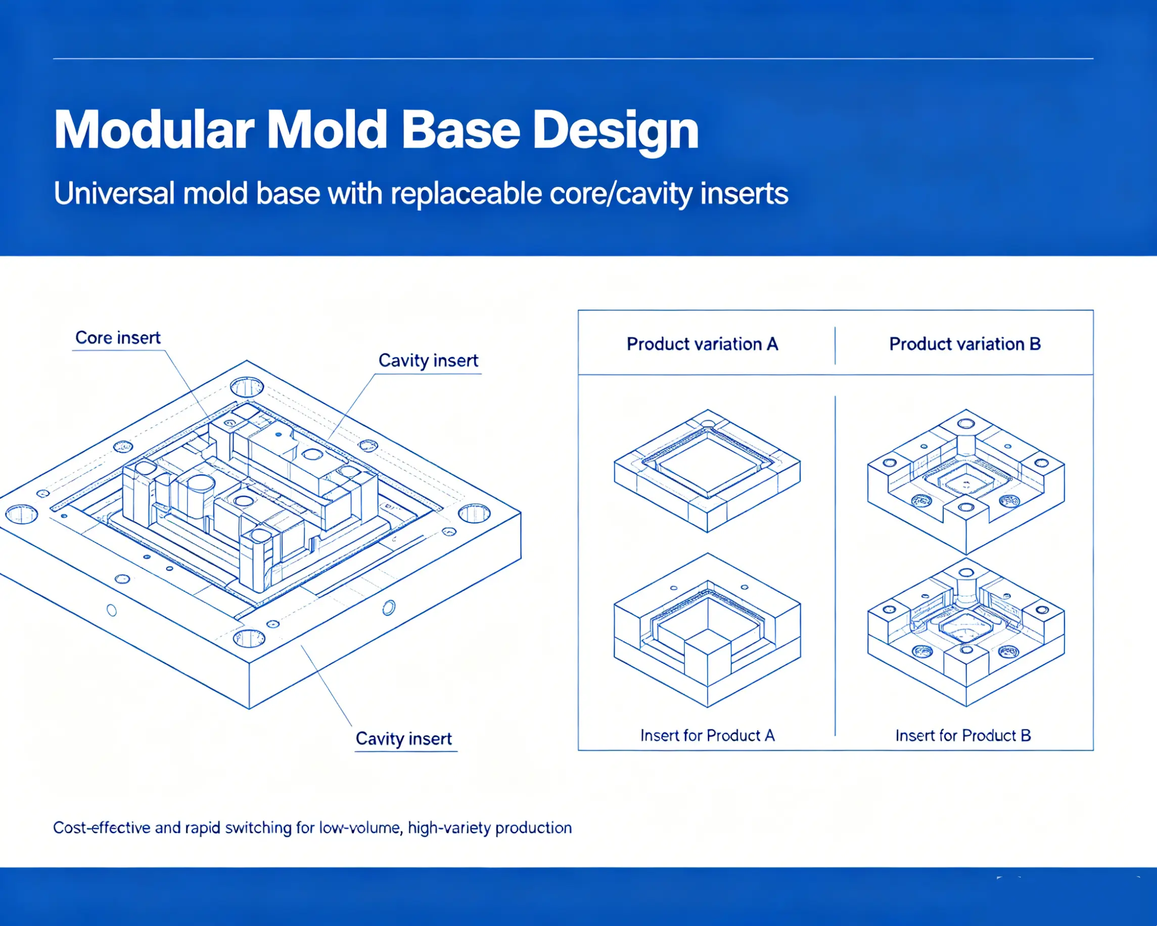 An exploded view of a modular mold with interchangeable inserts